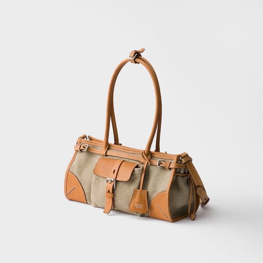 Prada 女士 Bonnie 中號亞麻和皮革拼接手袋均碼碼中號、32cm*12cm*15.5cm-6