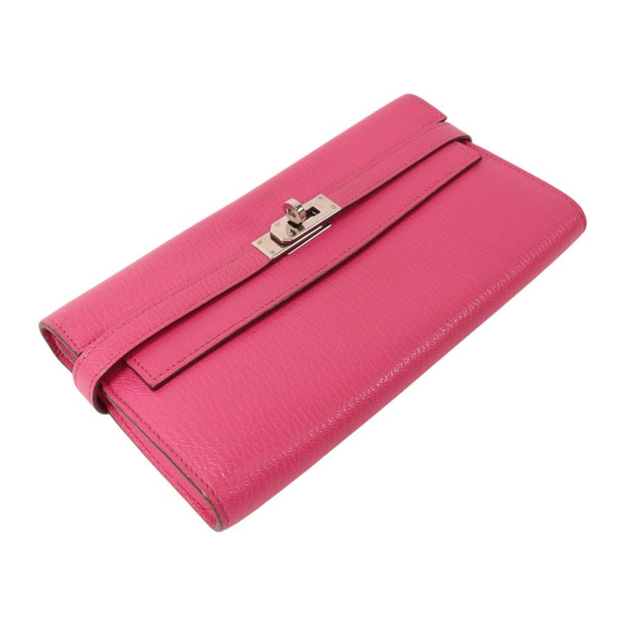 HERMES Chevre皮革Kelly Long Wallet銀扣長錢包Rose Mexico-3