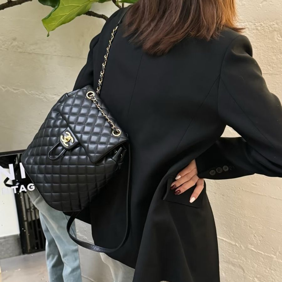 🐫CHANEL黑銀羊皮中號薩爾斯堡雙肩包Saltsbourg Backpack經典菱格紋-8