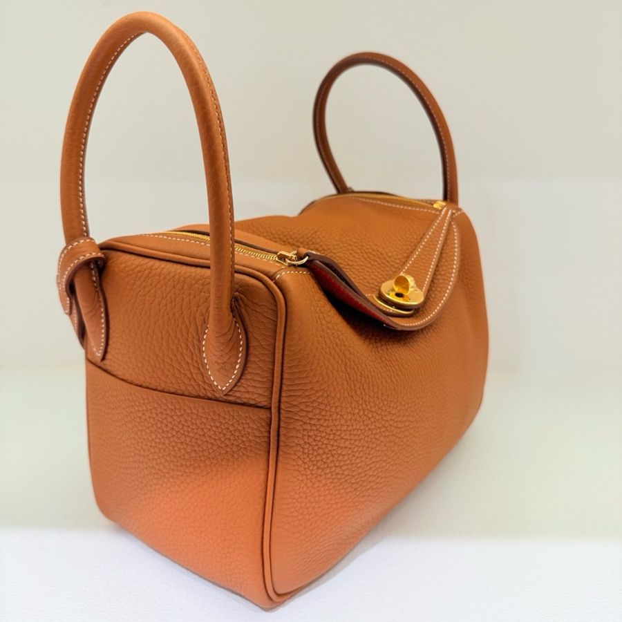 99新 愛馬仕 Hermes lindy 26 金棕內里拼番茄紅 金扣 tc皮-2