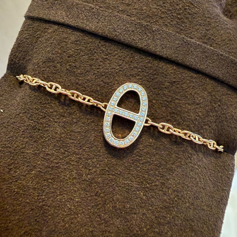 💖Hermes 豬鼻玫瑰金 鑽石手鍊 ST💖 全新全配-0