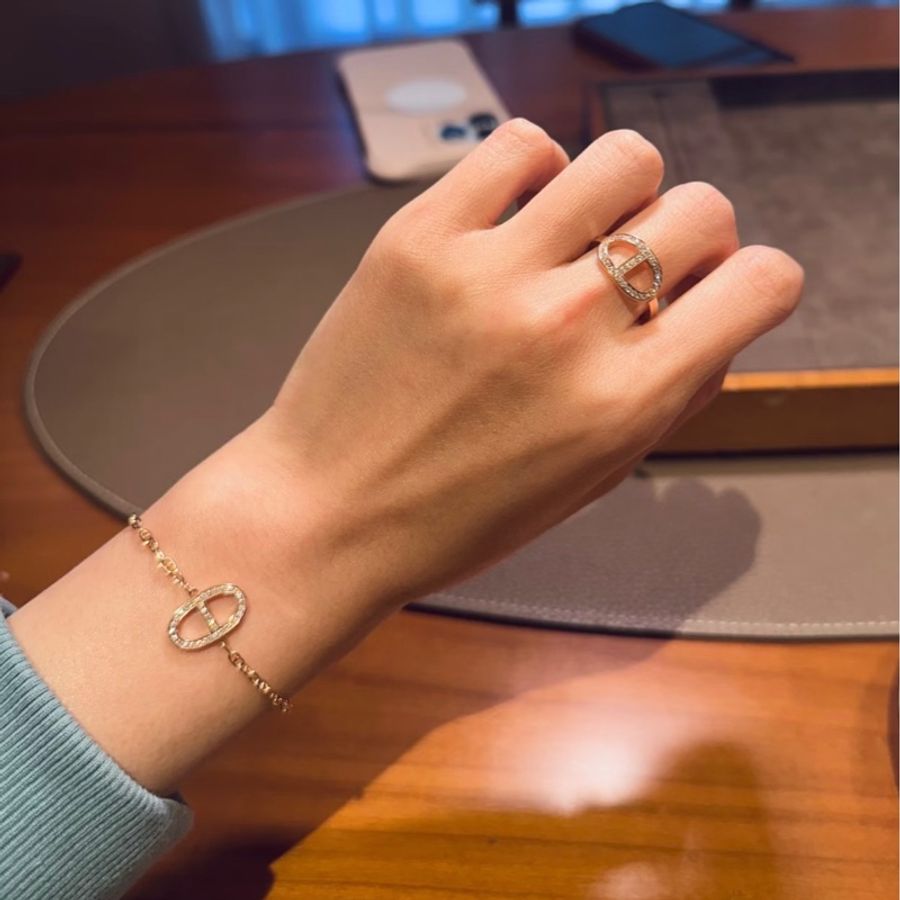 💖Hermes 豬鼻玫瑰金 鑽石手鍊 ST💖 全新全配-9