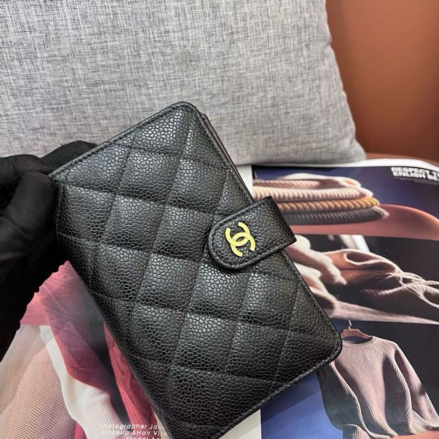 Chanel香奈兒黑金荔枝紋牛皮錢包 20開 98新-0