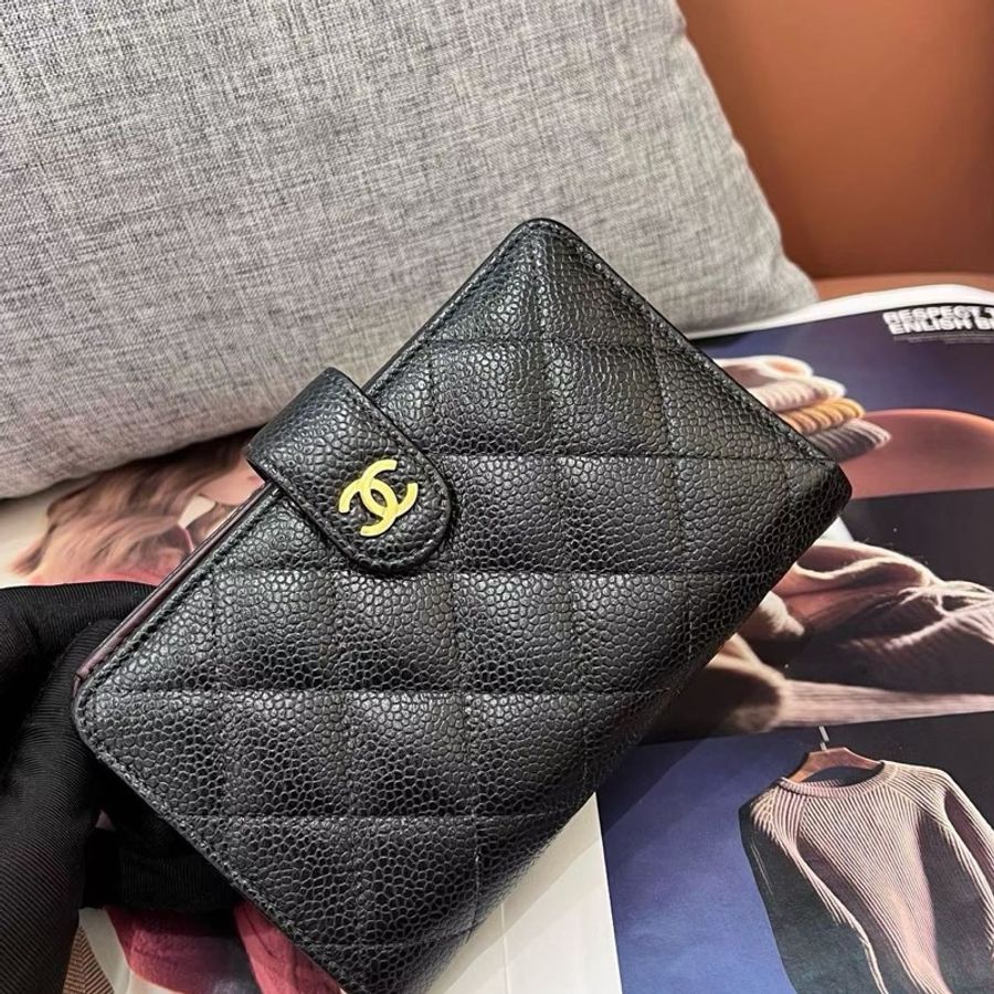 Chanel香奈兒黑金荔枝紋牛皮錢包 20開 98新-1