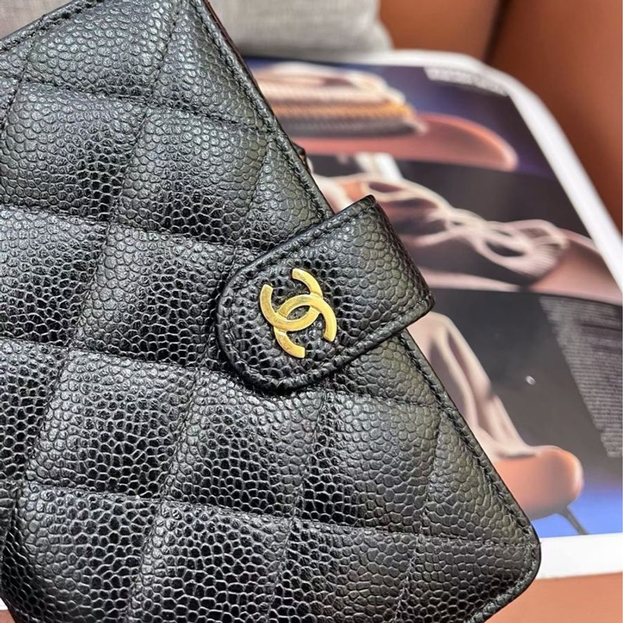 Chanel香奈兒黑金荔枝紋牛皮錢包 20開 98新-3