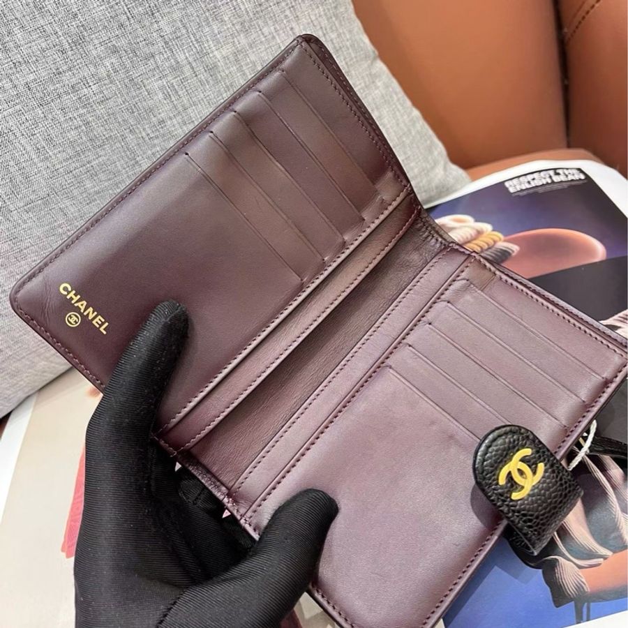 Chanel香奈兒黑金荔枝紋牛皮錢包 20開 98新-5
