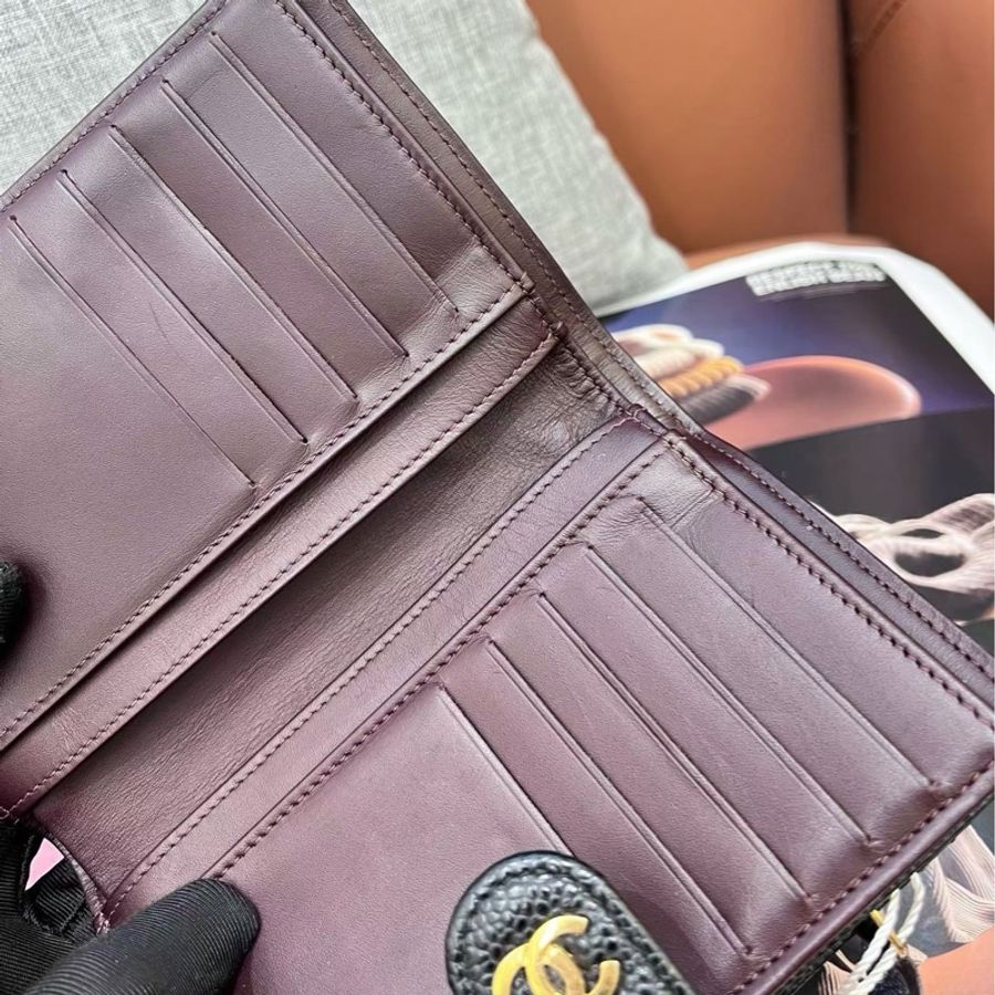 Chanel香奈兒黑金荔枝紋牛皮錢包 20開 98新-6