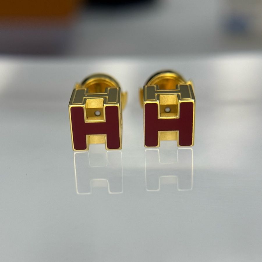 Hermès 愛馬仕 紅色小號方塊H耳釘 🈚附件-0