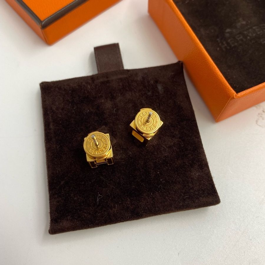 Hermès 愛馬仕 經典Cage 薄荷綠色配金色立體方塊琺瑯耳釘-5