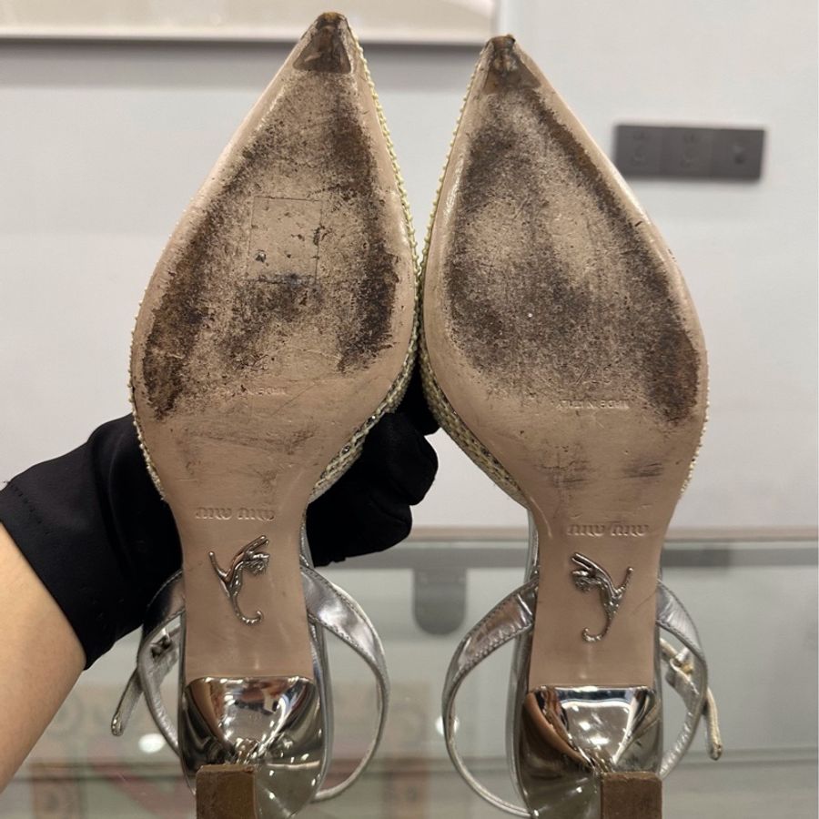 MiuMiu繆繆 女款銀色網紗閃片高跟鞋 37.5碼 🈚附件-8