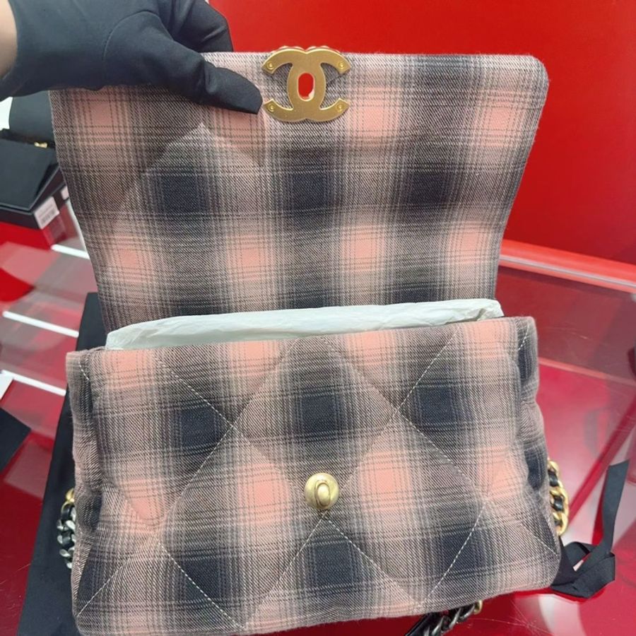 99.9新 Chanel香奈兒 19bag蜜桃粉格紋 中號30cm 配塵袋 S印-2