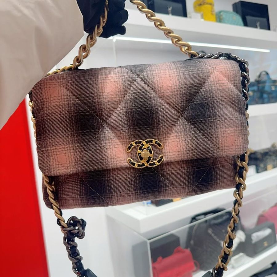 99.9新 Chanel香奈兒 19bag蜜桃粉格紋 中號30cm 配塵袋 S印-3