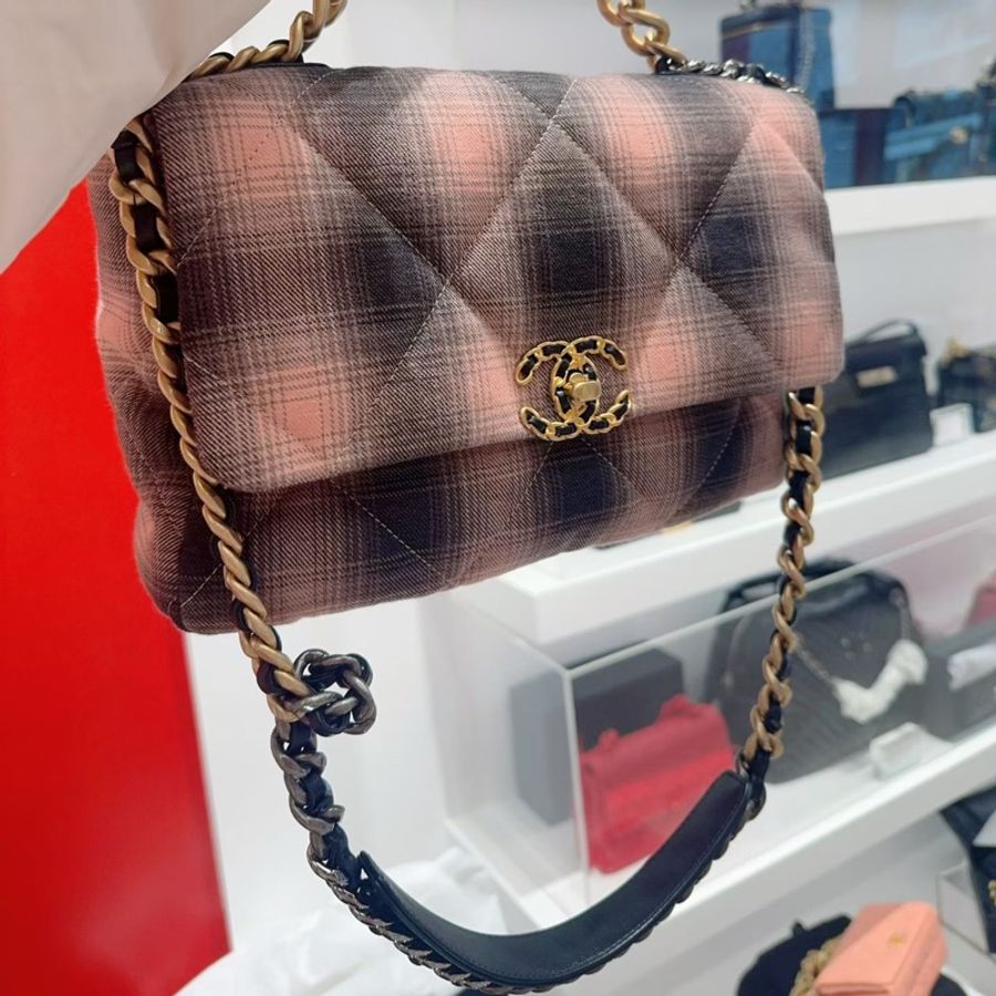 99.9新 Chanel香奈兒 19bag蜜桃粉格紋 中號30cm 配塵袋 S印-4