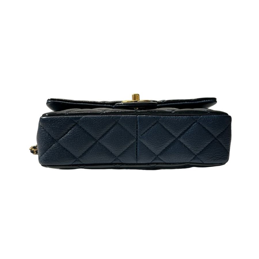 Used CHANEL Patent Leather MINI FLAP 20 CM Chain Shoulder Bag Navy Blue GHW-3