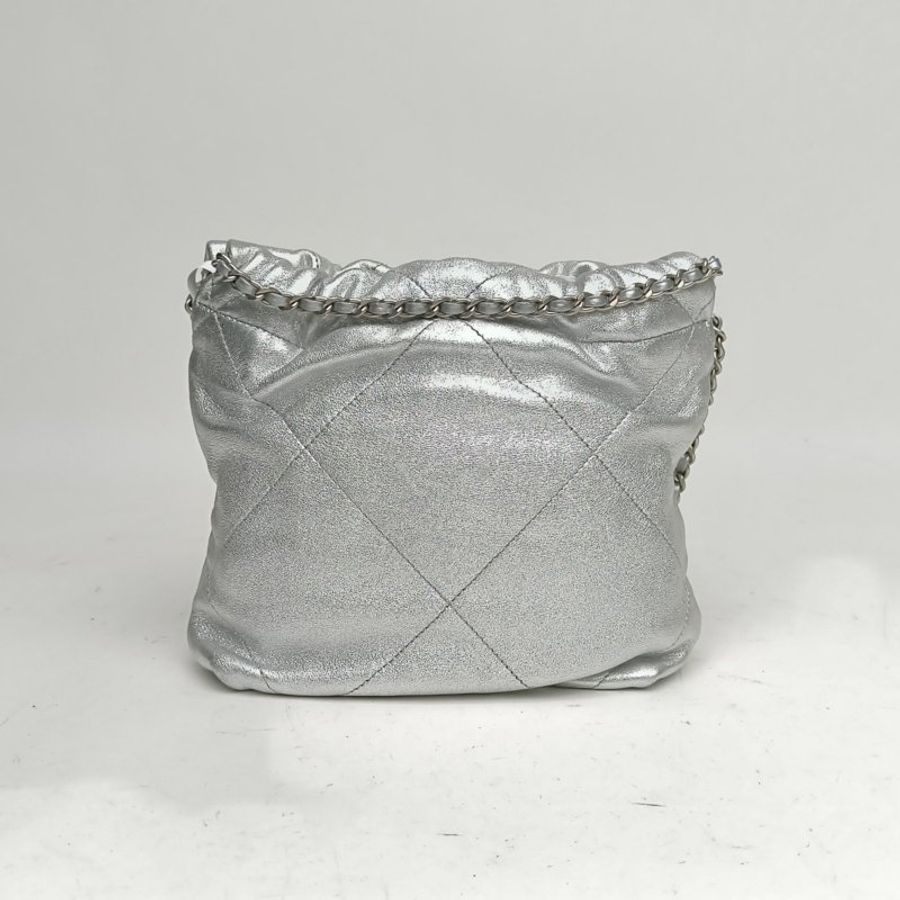 CHANEL 22BagTote托特包Mini銀色牛皮晶片銀扣肩背包-2