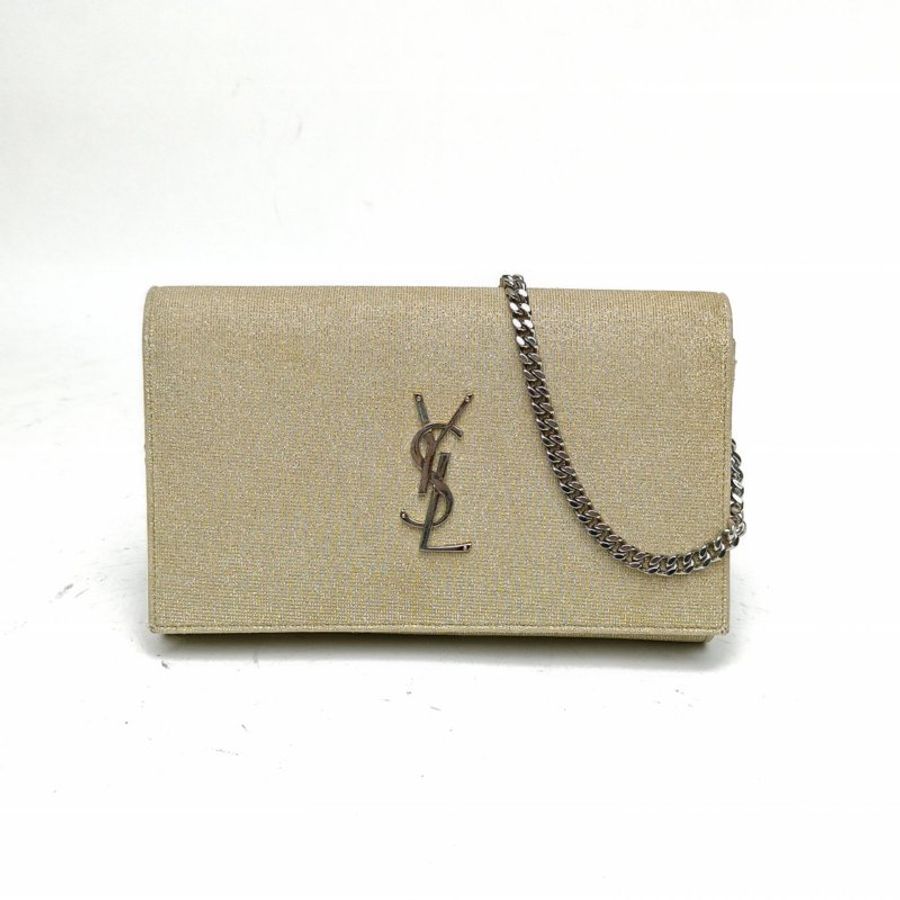 SAINT LAURENT KATE中號22金色針織銀扣肩背包-0
