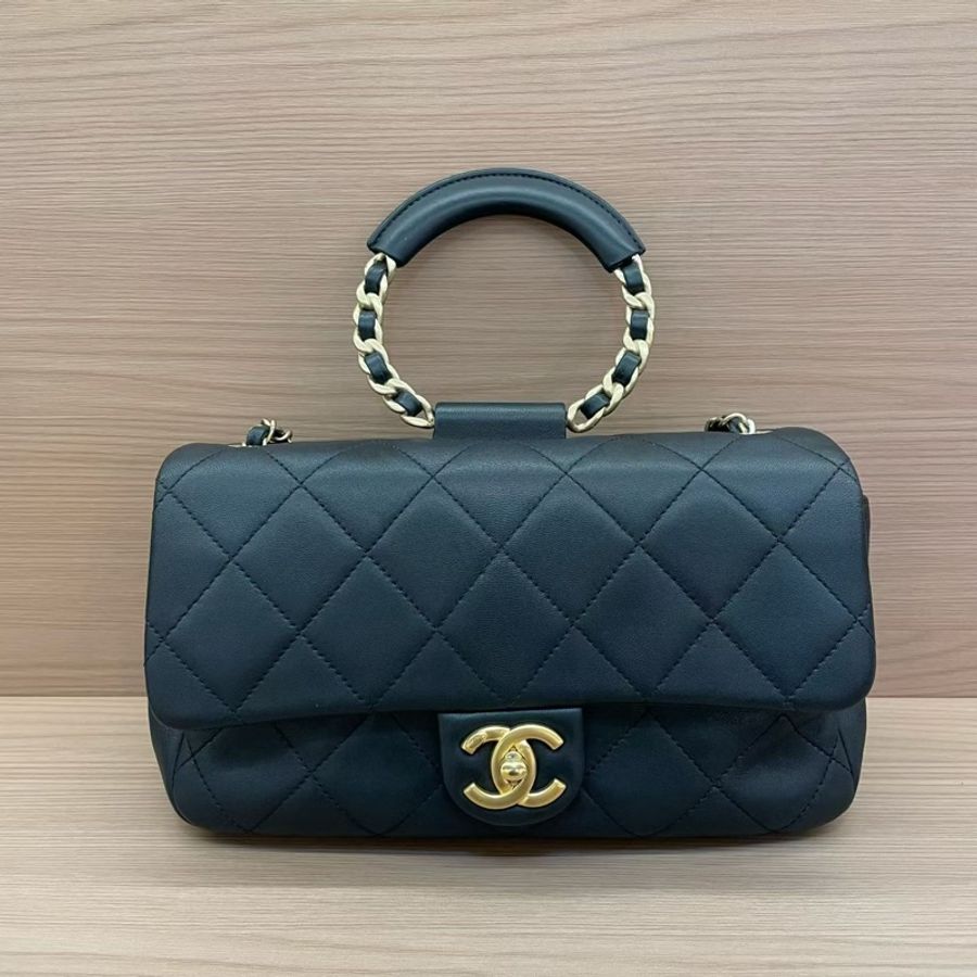 Chanel香奈兒 CF小号 黑金圆环手柄手提單肩斜挎鏈條包 黑色羊皮2020年 29開 尺寸24*13*5 無附件-0