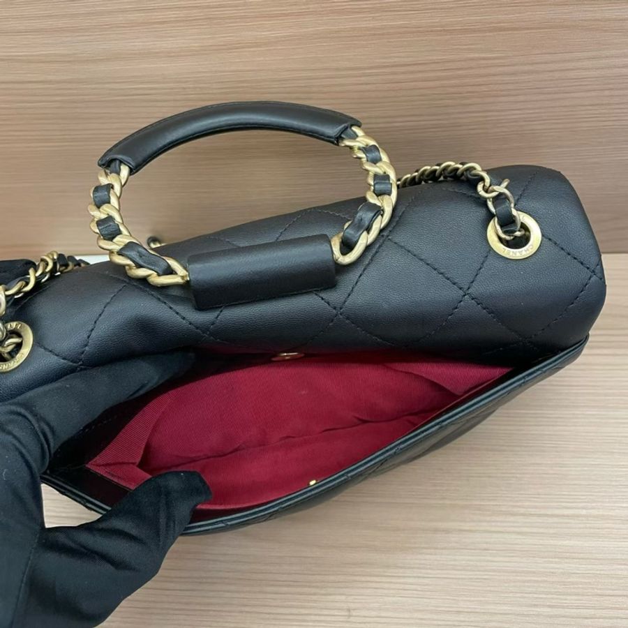 Chanel香奈兒 CF小号 黑金圆环手柄手提單肩斜挎鏈條包 黑色羊皮2020年 29開 尺寸24*13*5 無附件-8