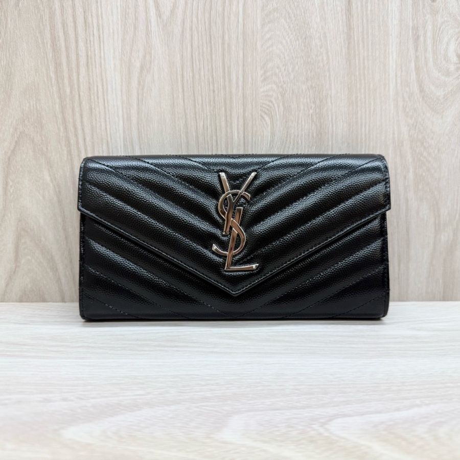 YSL黑銀魚子醬牛皮信封長夾372264-1