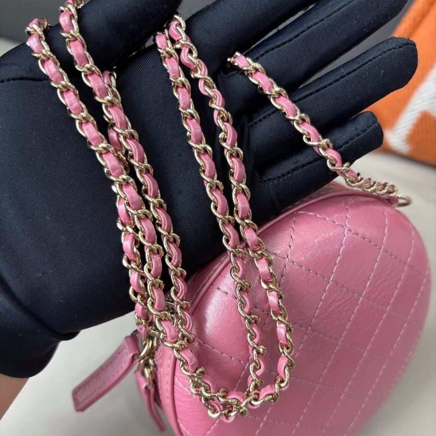 近新品 香奈兒/Chanel 粉色全皮圓餅鏈條斜背包-10