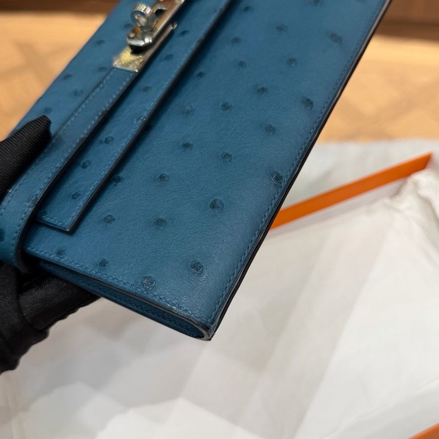 Hermes • Kelly Long 深邃藍鴕鳥皮銀釦長夾 附盒-3
