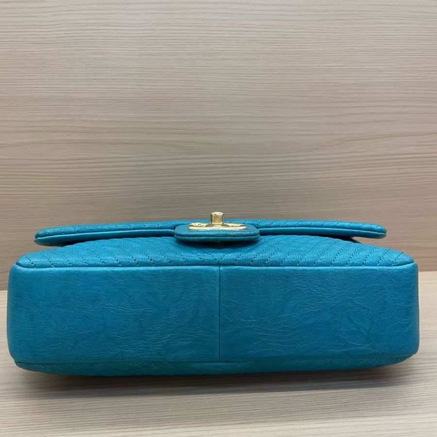 Chanel香奈儿 CF中号 蓝色金链 V纹牛皮 20開 單肩斜挎鏈條包 有塵袋 無卡無盒子尺寸底長26*高15*寬6*-5