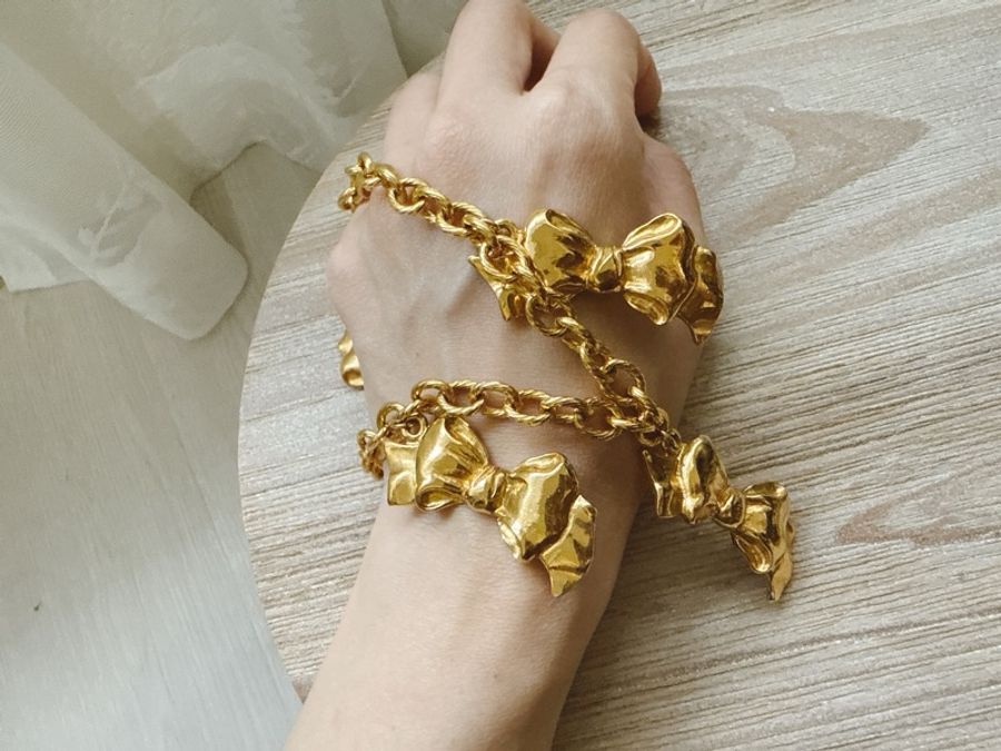 1990 vintage 古董 香奈兒 Chanel 鍍金 蝴蝶結 項鍊-4