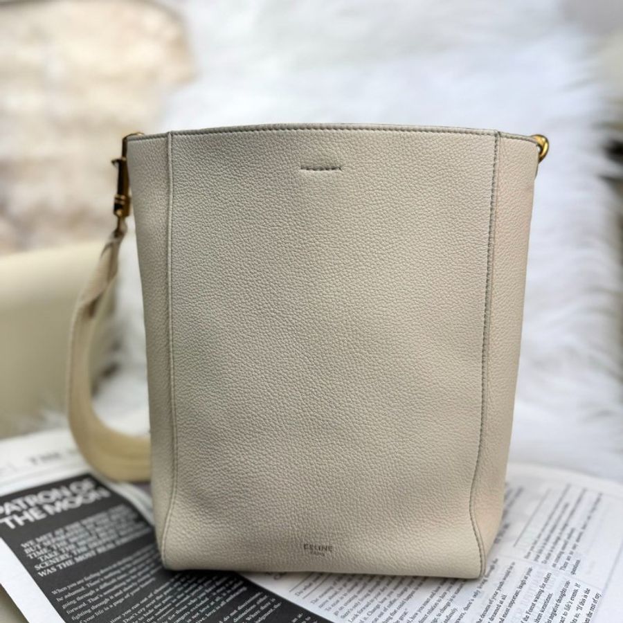 CELINE Sangle 白色 荔枝牛皮 小號 水桶包-0