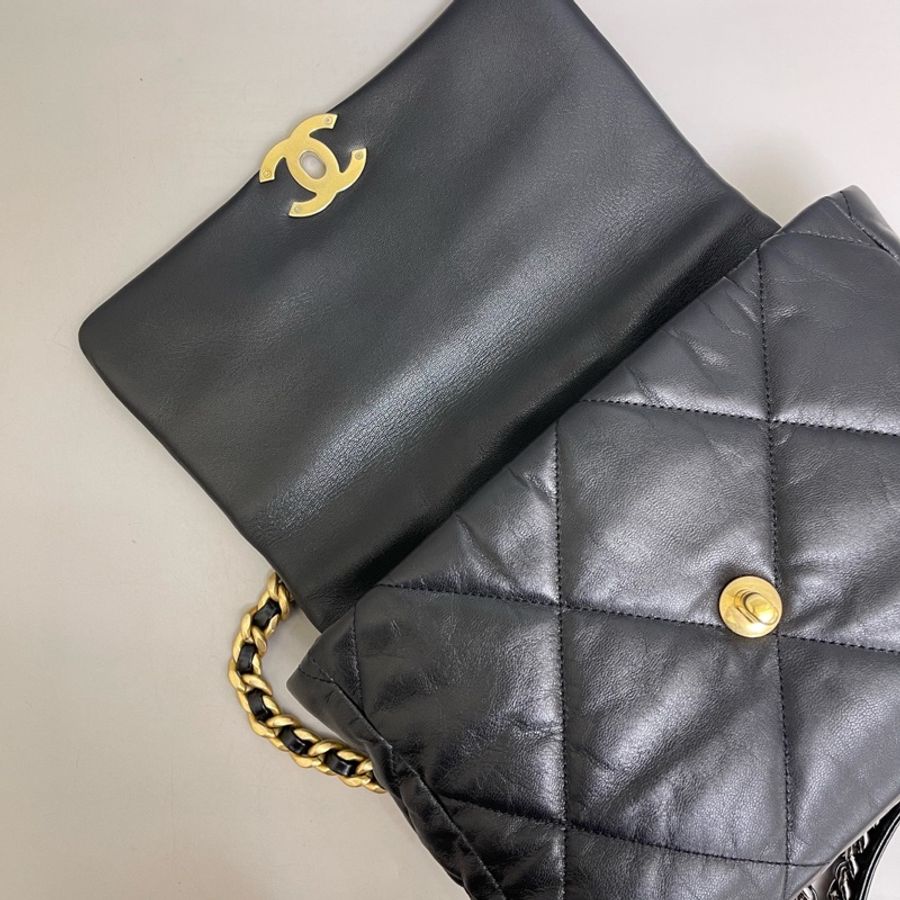 Chanel香奈兒19Bag中號黑金全皮單肩斜挎包 尺寸30×20 鐳射30-9