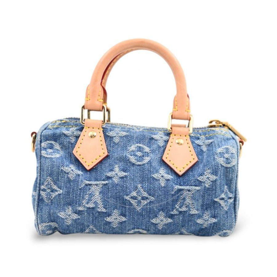 中古 Louis Vuitton 路易威登 LV Nano Speedy 牛仔藍金色五金 M82950 雙用斜挎手袋-2