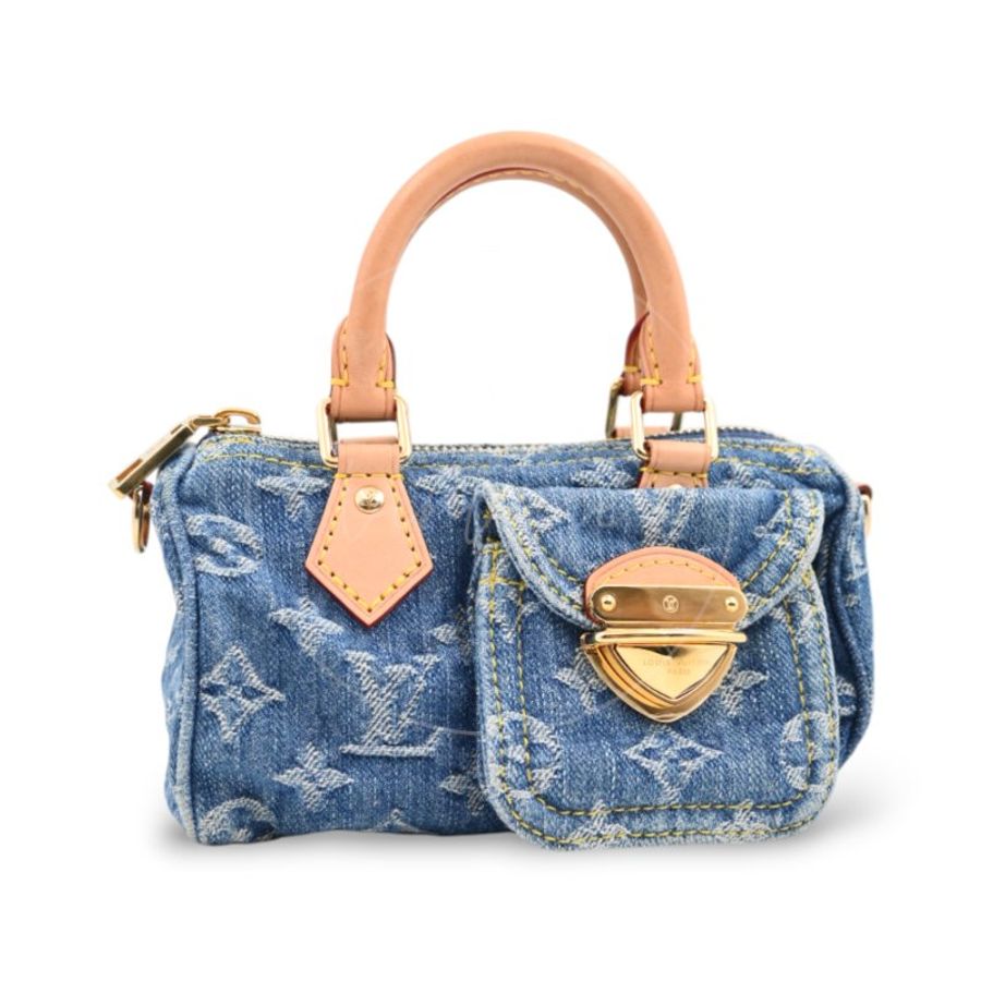中古 Louis Vuitton 路易威登 LV Nano Speedy 牛仔藍金色五金 M82950 雙用斜挎手袋-6