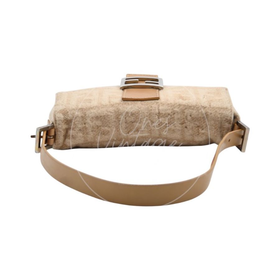 中古 芬迪 Fendi 米色 Beige Zucca Baguette 法棍包 羊毛與皮革-40
