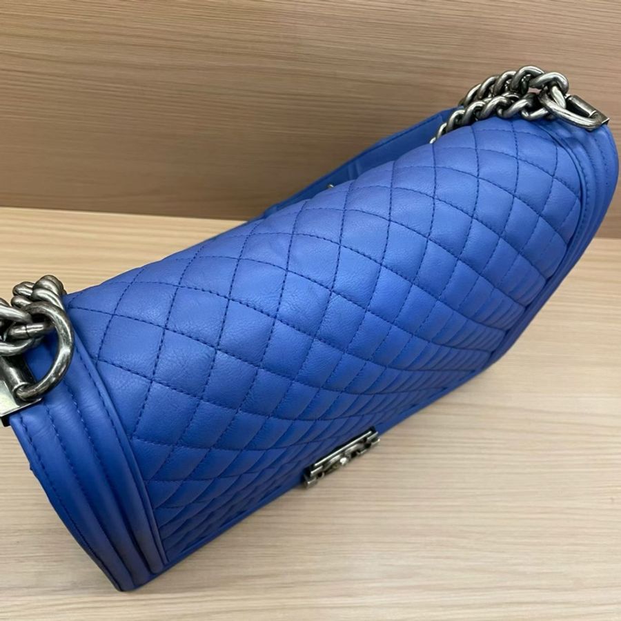 Chanel LEBOY 藍銀 羊皮大號2013年 17開 單肩斜挎鏈條包 有卡有塵袋 無盒子 尺寸底長30*高22*寬8*-4