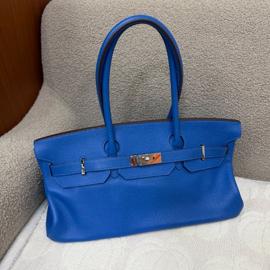 中古 愛馬仕 Hermes Birkin Shoulder 42 藍色 Togo 銀色五金 印記 Square O 手袋-0