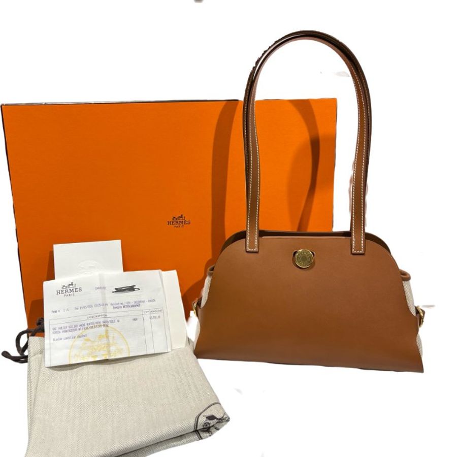 Hermès Swift leather Canvas SAC TABLIER SELLIER Shoulder Bag Brown GHW-2