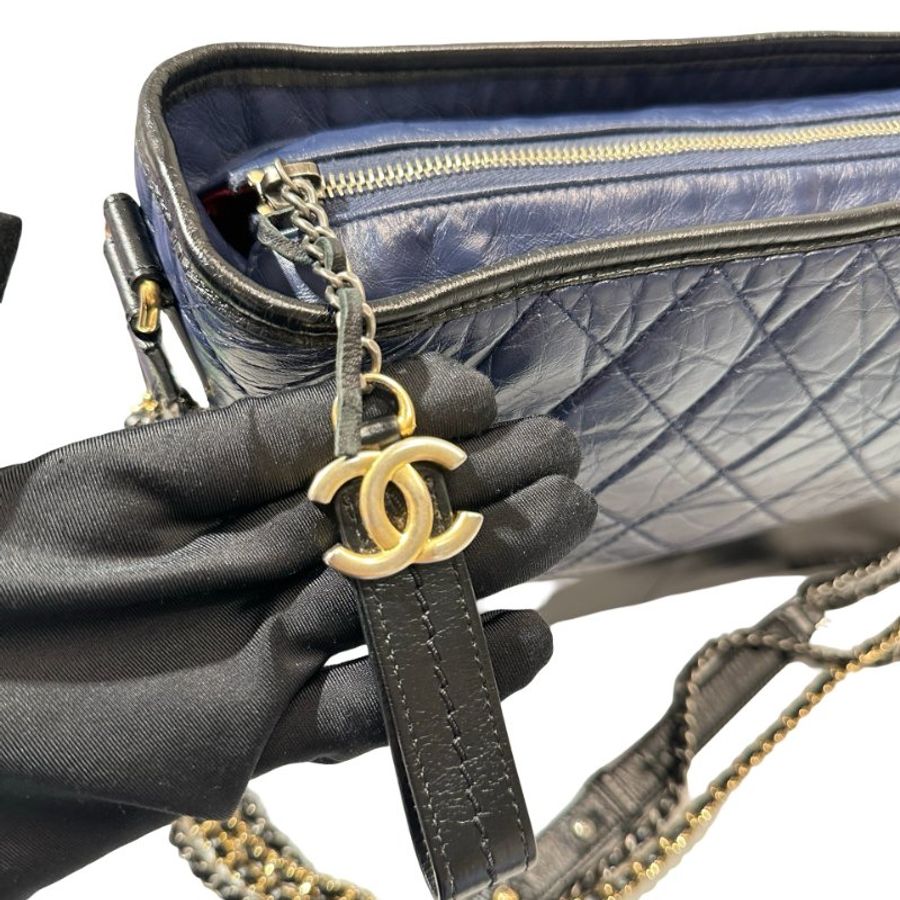 CHANEL Lambskin Leather Gabrielle Cross Body Bag Navy GHW-10