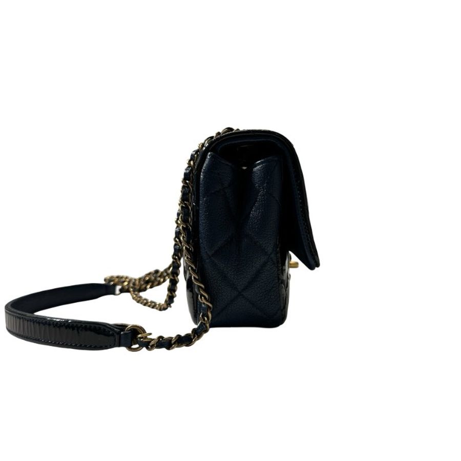 CHANEL Patent Leather MINI FLAP 20 CM Chain Shoulder Bag Navy Blue GHW-4