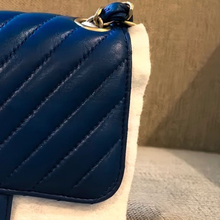 Chanel香奈兒藍金V紋方胖子鏈條包 27開  🈚附件：單品-3
