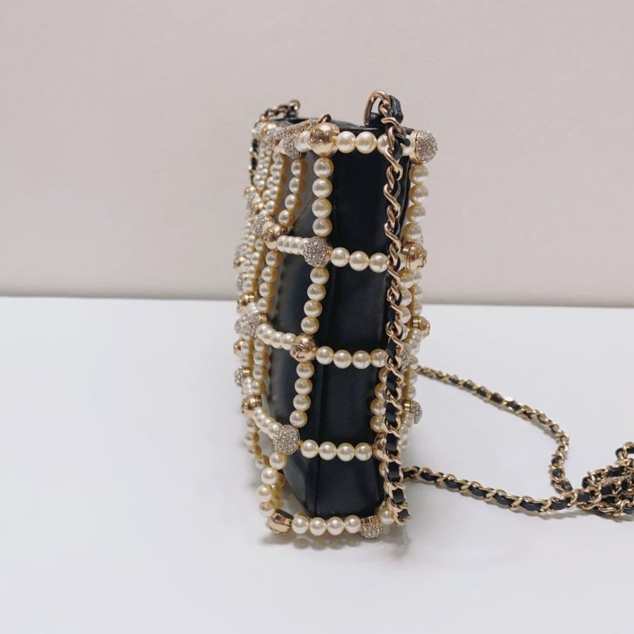 Chanel 黑色全皮珍珠鑽球晚宴包 21x3x15cm 98新配件塵袋-2