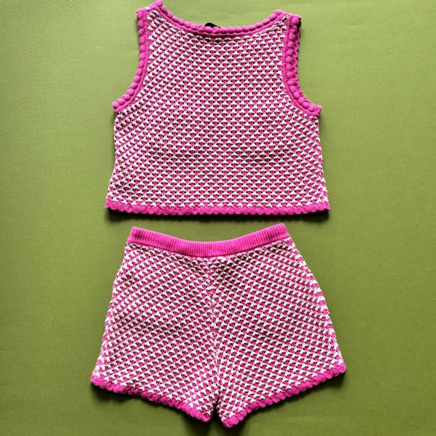 42號 ::Versace:: Crochet Knit Top 凡賽斯 粉白色鉤織針織背心 短褲 套裝-3