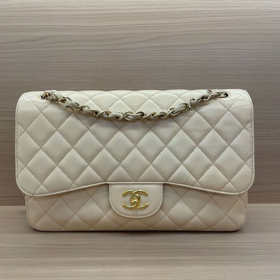 Chanel 香奈兒cf 米色荔枝牛皮鏈條包 大號 21開 尺寸底長30*高19*寬9* 無附件-0