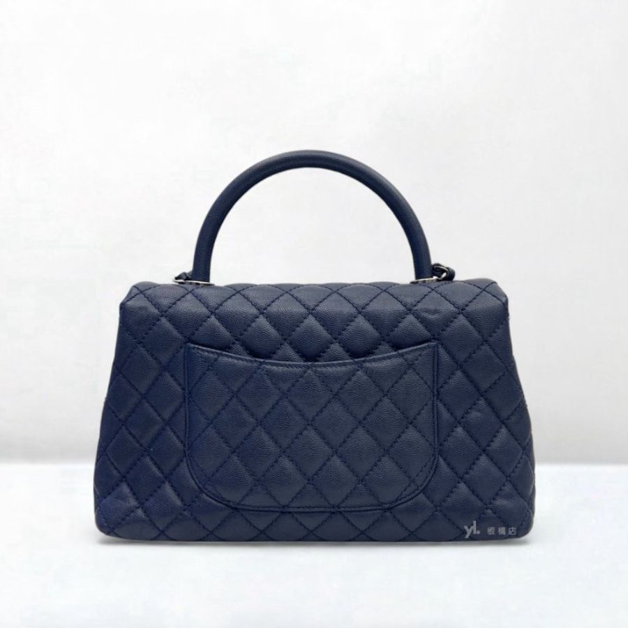 S5162-Chanel 深藍色荔枝皮復古銀釦coco handle28-3