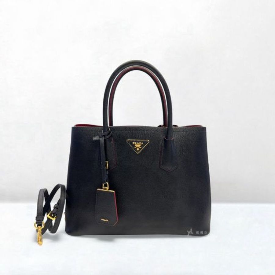 S5164-Prada Saffiano黑牛皮雙層內裡紅色中號托特包-0