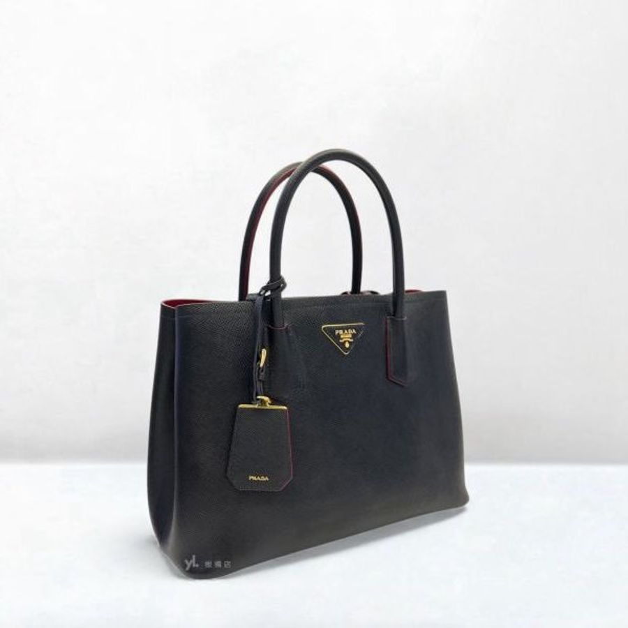 S5164-Prada Saffiano黑牛皮雙層內裡紅色中號托特包-1