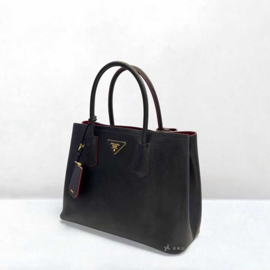 S5164-Prada Saffiano黑牛皮雙層內裡紅色中號托特包-2