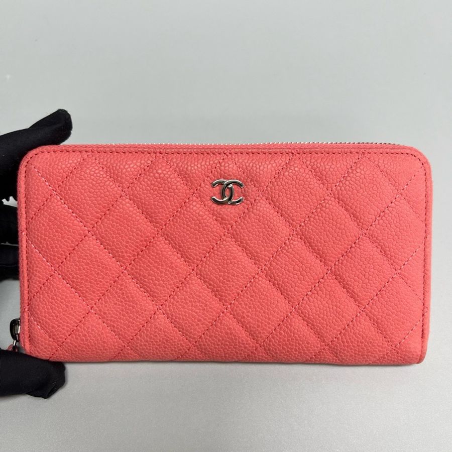 Chanel/香奈兒 荔枝紋銀扣拉鍊款長款錢包 20開 尺寸20*10 附件身份卡-0