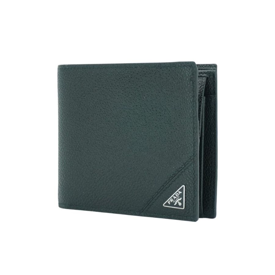 Prada 銀色三角logo荔紋牛皮對折零錢袋短夾(黑)-1
