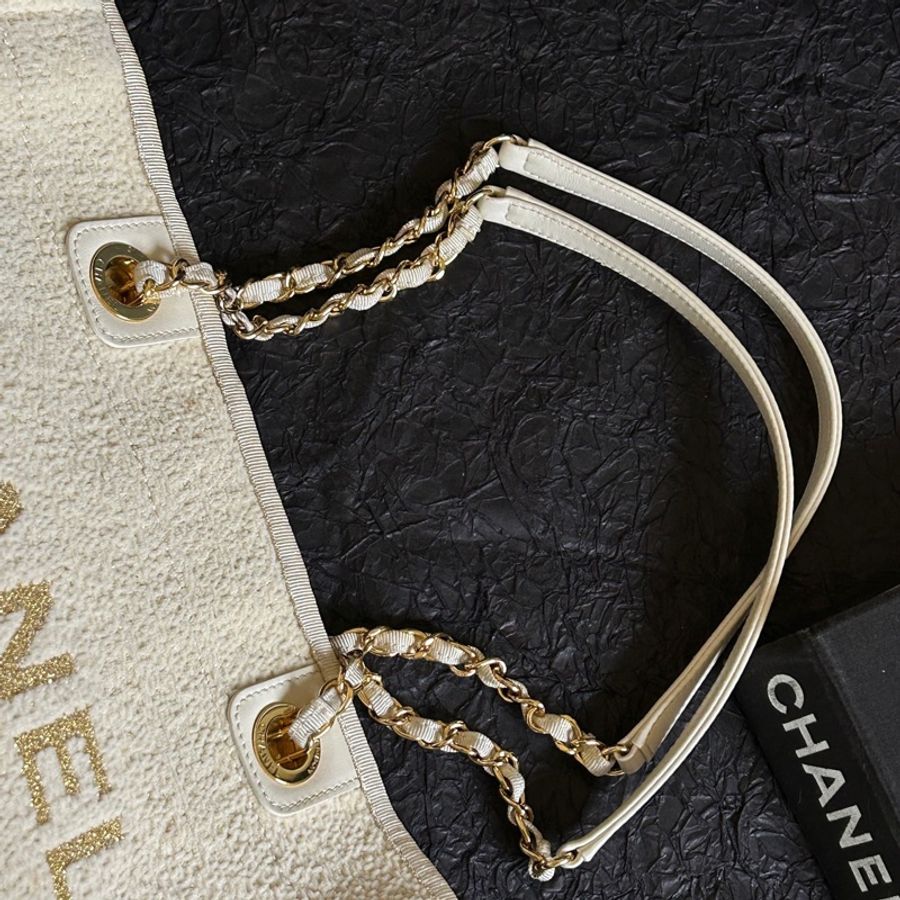 香奈兒/Chanel 米色金扣毛呢沙灘包托特-7