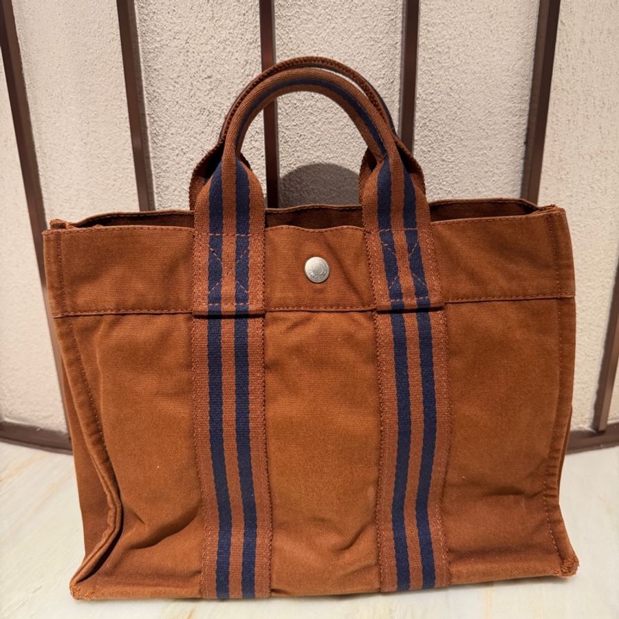 【90新 ✨ 全網最低價!】 中古Hermes愛馬仕帆布手提包 棕色經典款-6
