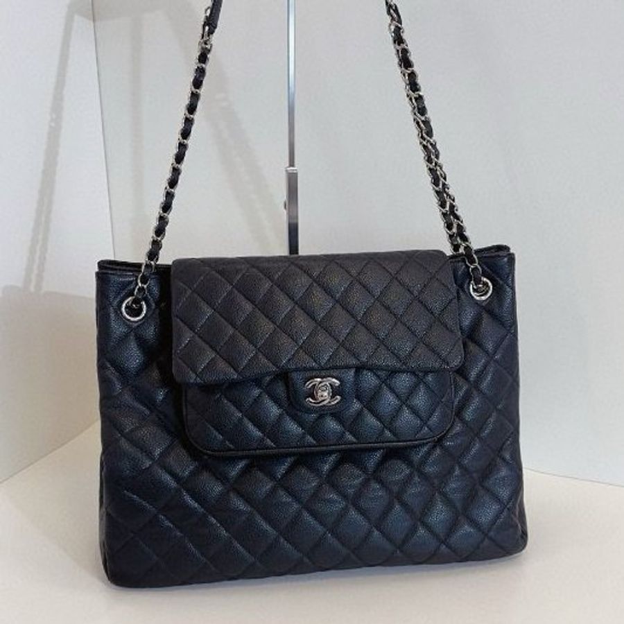 香奈兒/Chanel 黑銀牛皮 魚子醬雙口袋 機場托特包-0